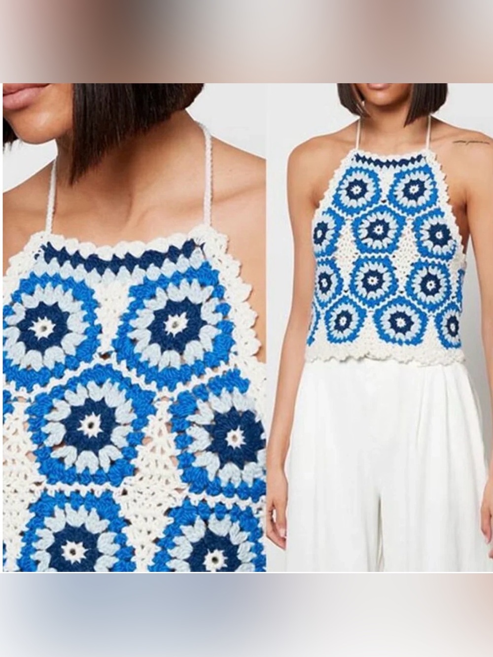 SEA NEW YORK Hayden Crochet Halter Top Blue Cream Granny Square Wool L